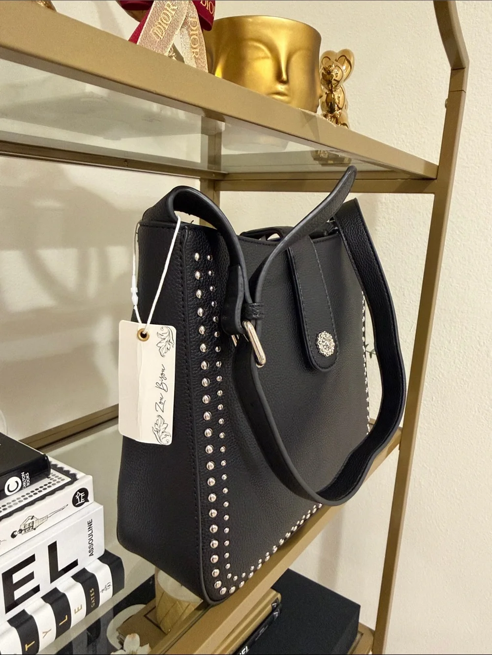 Studded Black Leather Shoulder Bag with Front Tab
